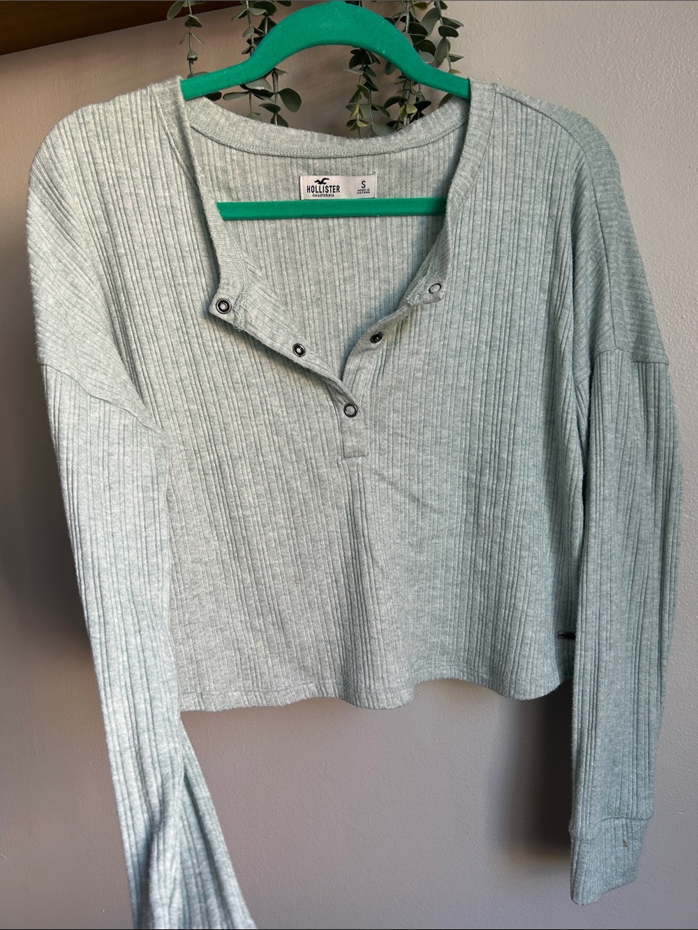 Hollister Sage Ribbed Snap-Front Long Sleeve Top